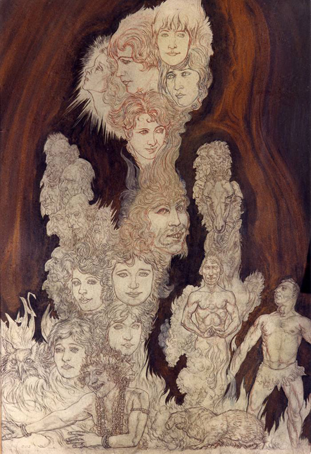 Austin Osman Spare, An ascending plume of faces, figures and atavistic forms (drawing)