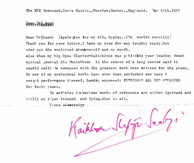 Letter, Sorabji to Frank Lioni, 10 May 1977