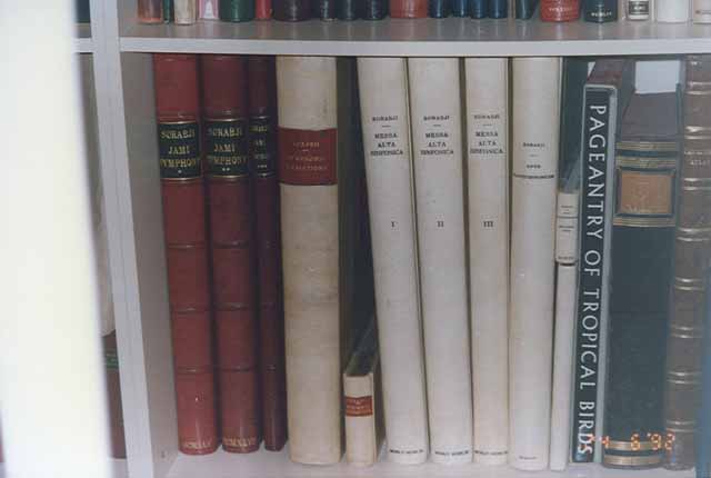 Shelf with bound manuscripts (including a supplementary score) at the Sorabji Archive (Bath)